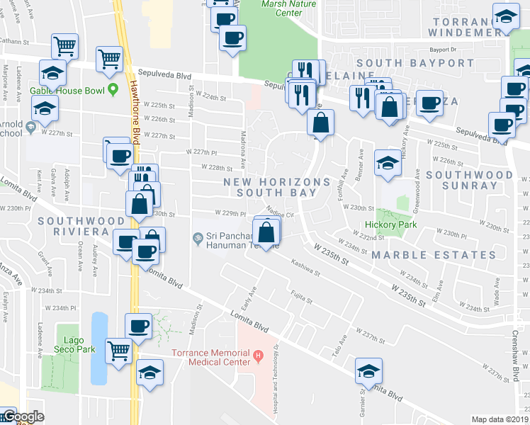 map of restaurants, bars, coffee shops, grocery stores, and more near 22945 Nadine Circle in Torrance