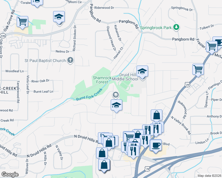 map of restaurants, bars, coffee shops, grocery stores, and more near 1336 Balsam Drive in Decatur
