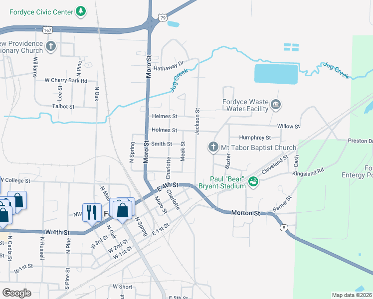 map of restaurants, bars, coffee shops, grocery stores, and more near 901 Meek Street in Fordyce