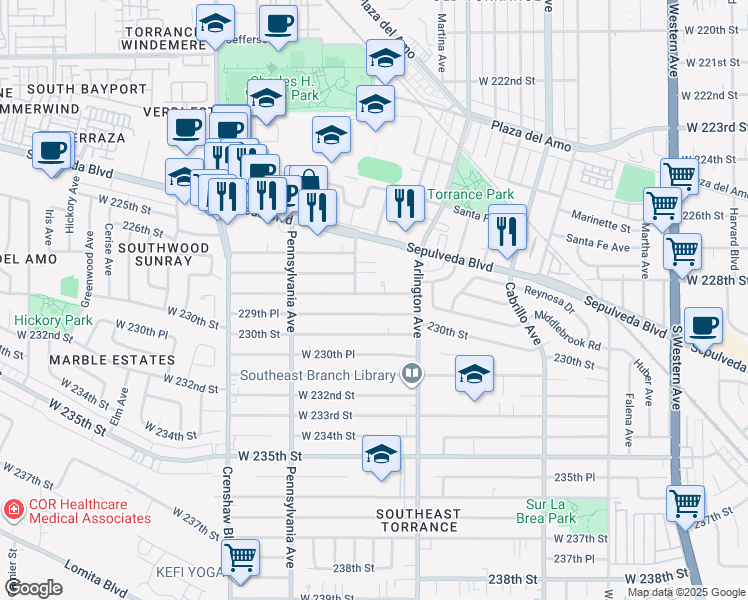 map of restaurants, bars, coffee shops, grocery stores, and more near 2256 West 229th Street in Torrance