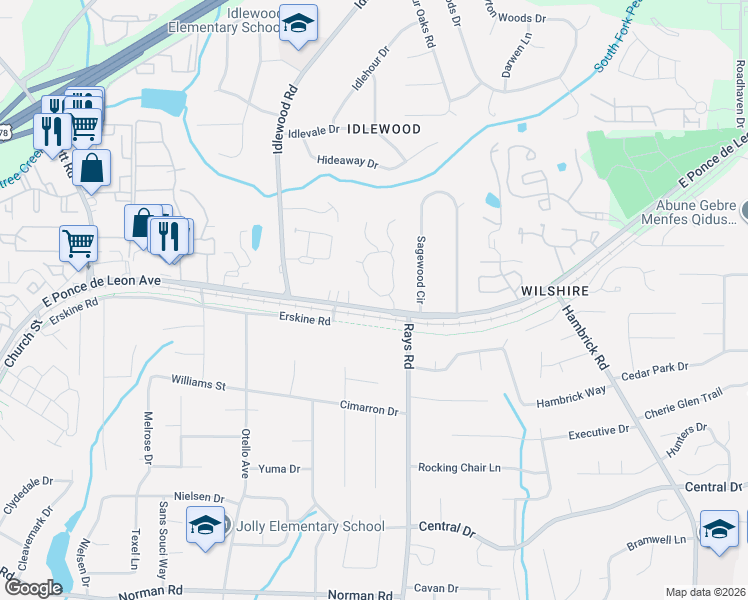 map of restaurants, bars, coffee shops, grocery stores, and more near 1424 Oakengate Drive in Stone Mountain