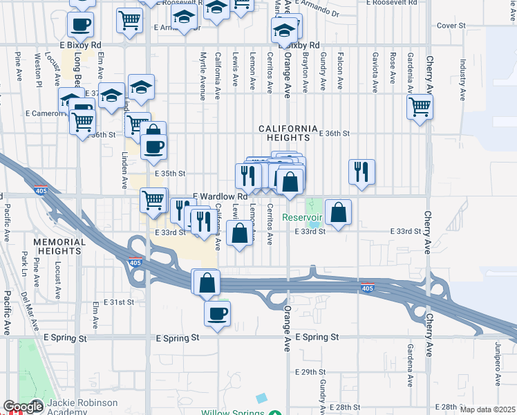 map of restaurants, bars, coffee shops, grocery stores, and more near 3376 Lemon Avenue in Signal Hill