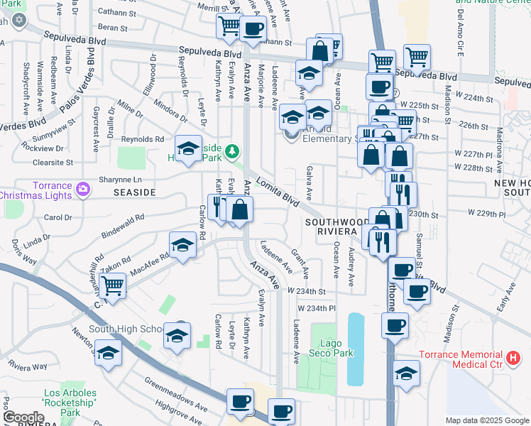 map of restaurants, bars, coffee shops, grocery stores, and more near 4226 West 230th Place in Torrance