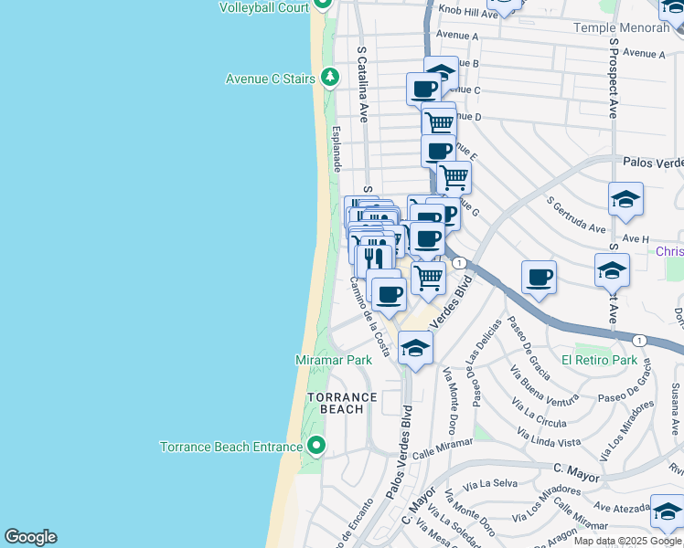 map of restaurants, bars, coffee shops, grocery stores, and more near in Redondo Beach