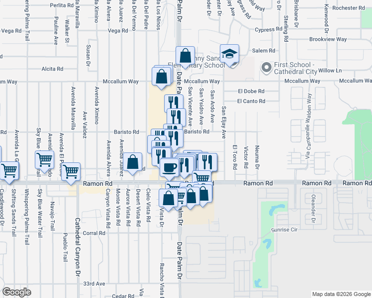 map of restaurants, bars, coffee shops, grocery stores, and more near 69040 San Helena Avenue in Cathedral City