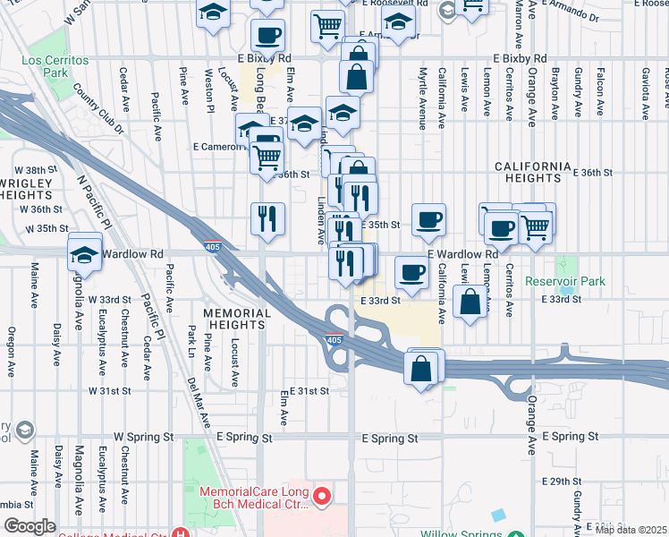 map of restaurants, bars, coffee shops, grocery stores, and more near 3368 Linden Avenue in Long Beach