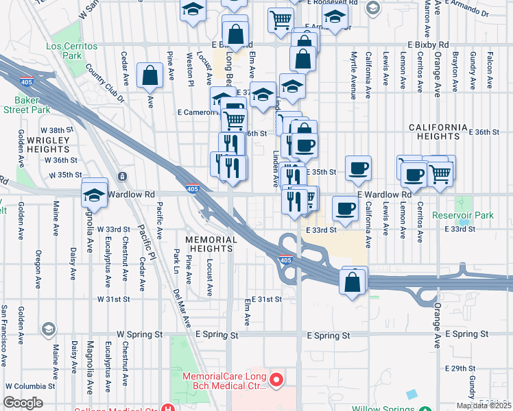 map of restaurants, bars, coffee shops, grocery stores, and more near 3383 Pasadena Avenue in Long Beach