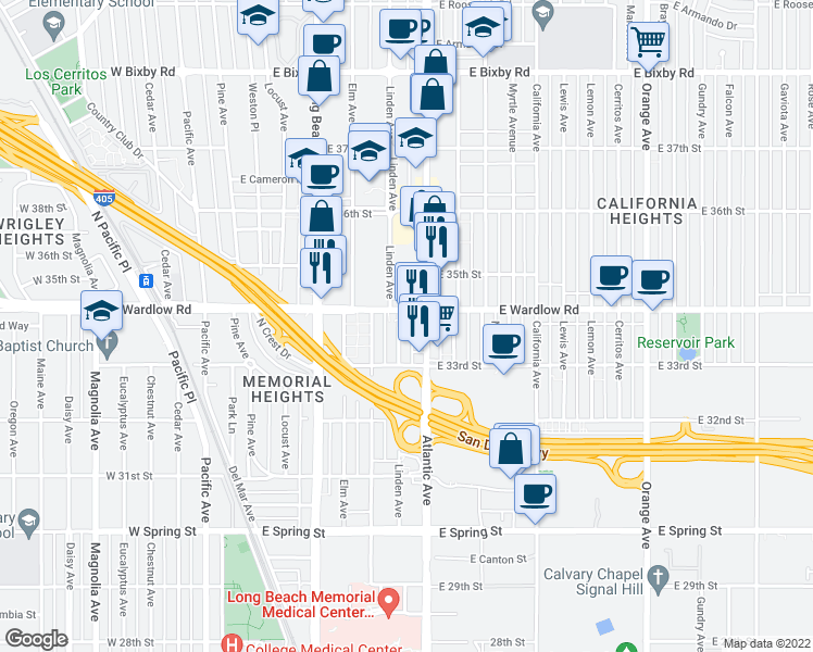 map of restaurants, bars, coffee shops, grocery stores, and more near 3368 Linden Avenue in Long Beach