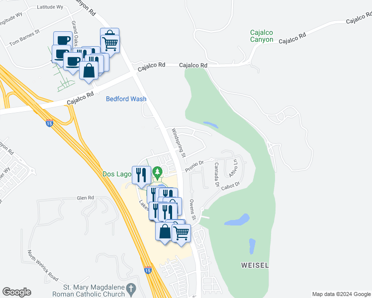 map of restaurants, bars, coffee shops, grocery stores, and more near 4217 Windspring Street in Corona