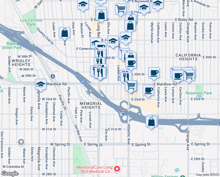 map of restaurants, bars, coffee shops, grocery stores, and more near 3394 Elm Avenue in Long Beach
