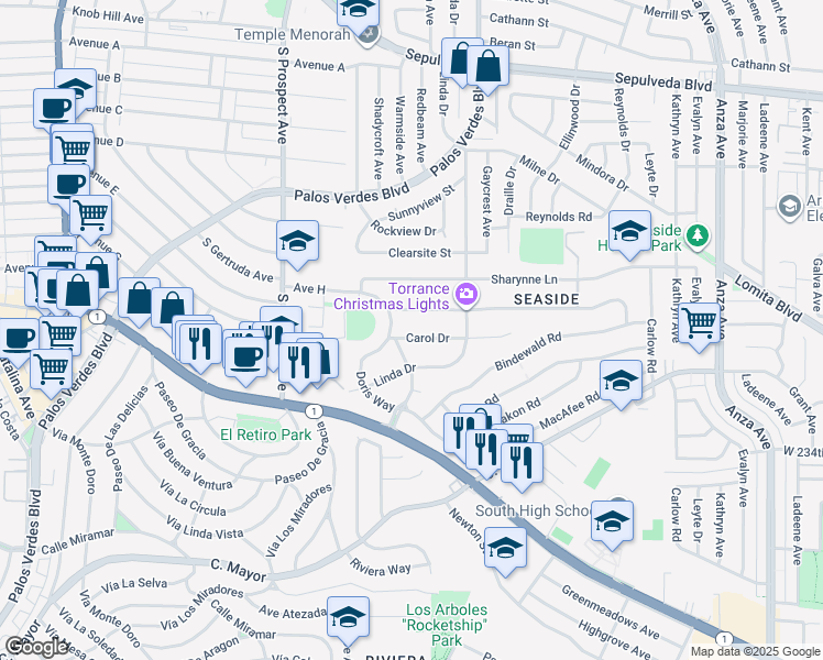 map of restaurants, bars, coffee shops, grocery stores, and more near 23060 Doris Way in Torrance