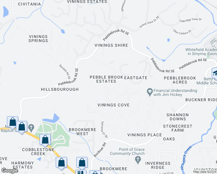map of restaurants, bars, coffee shops, grocery stores, and more near 5417 Trumpet Vine Trail Southeast in Mableton
