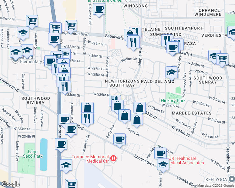 map of restaurants, bars, coffee shops, grocery stores, and more near 22945 Nadine Circle in Torrance
