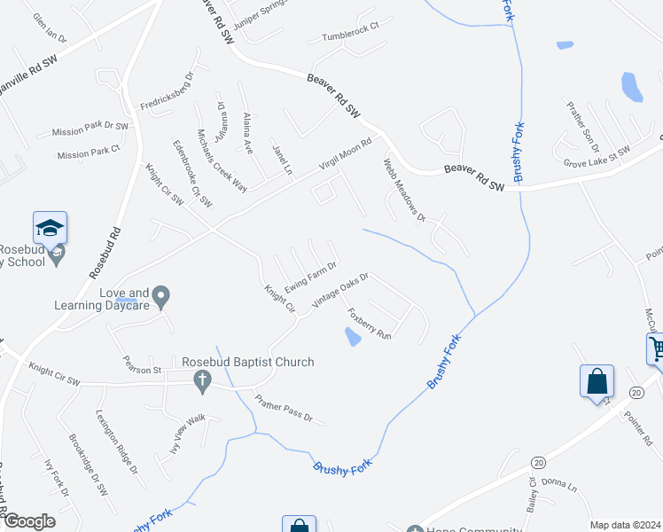 map of restaurants, bars, coffee shops, grocery stores, and more near 1532 Ewing Farm Drive in Loganville