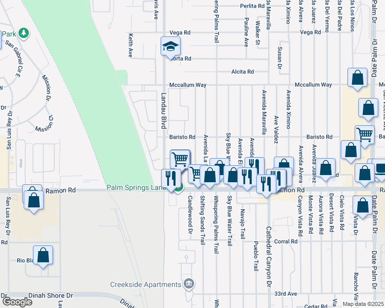 map of restaurants, bars, coffee shops, grocery stores, and more near 31620 Landau Boulevard in Cathedral City
