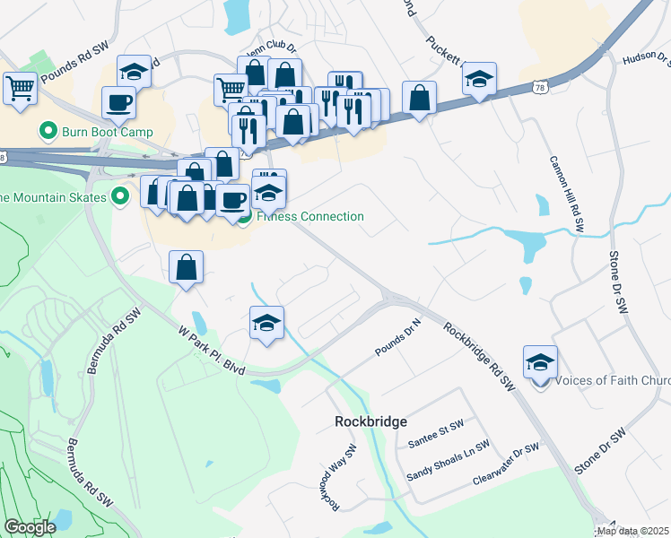 map of restaurants, bars, coffee shops, grocery stores, and more near 2191 Rockbridge Road Southwest in Stone Mountain