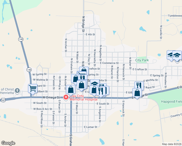 map of restaurants, bars, coffee shops, grocery stores, and more near 511 North Clay Street in Henrietta