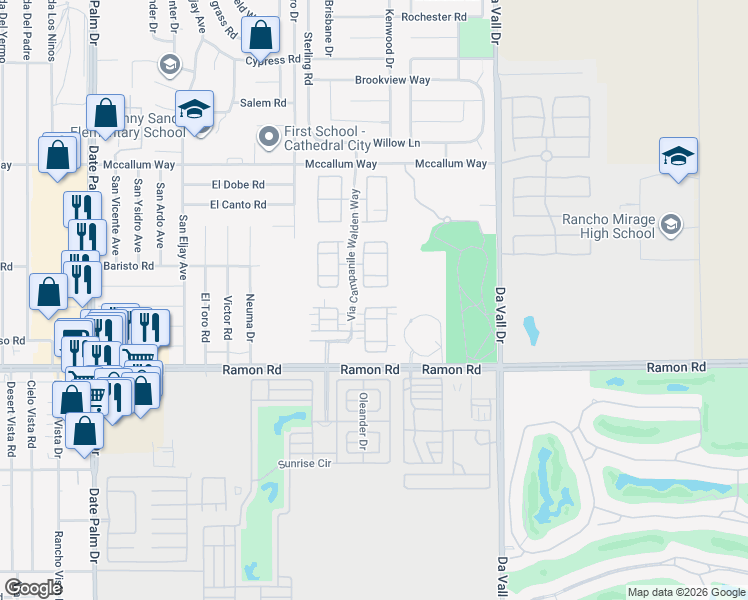 map of restaurants, bars, coffee shops, grocery stores, and more near 418 Via Milano in Cathedral City