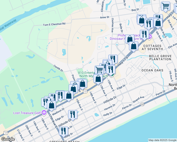 map of restaurants, bars, coffee shops, grocery stores, and more near 1100 David Street in North Myrtle Beach