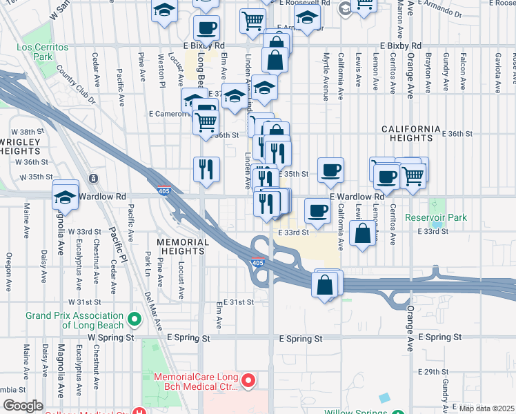 map of restaurants, bars, coffee shops, grocery stores, and more near 3368 Linden Avenue in Long Beach