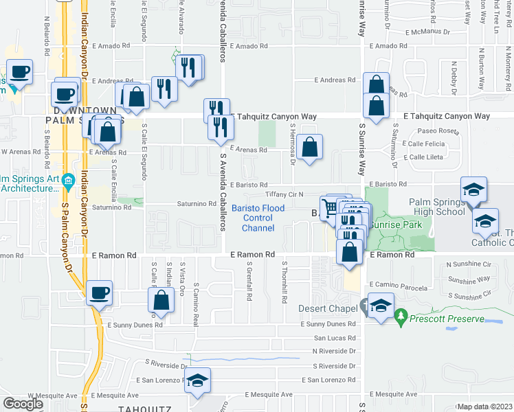 map of restaurants, bars, coffee shops, grocery stores, and more near 1136 Tiffany Circle South in Palm Springs