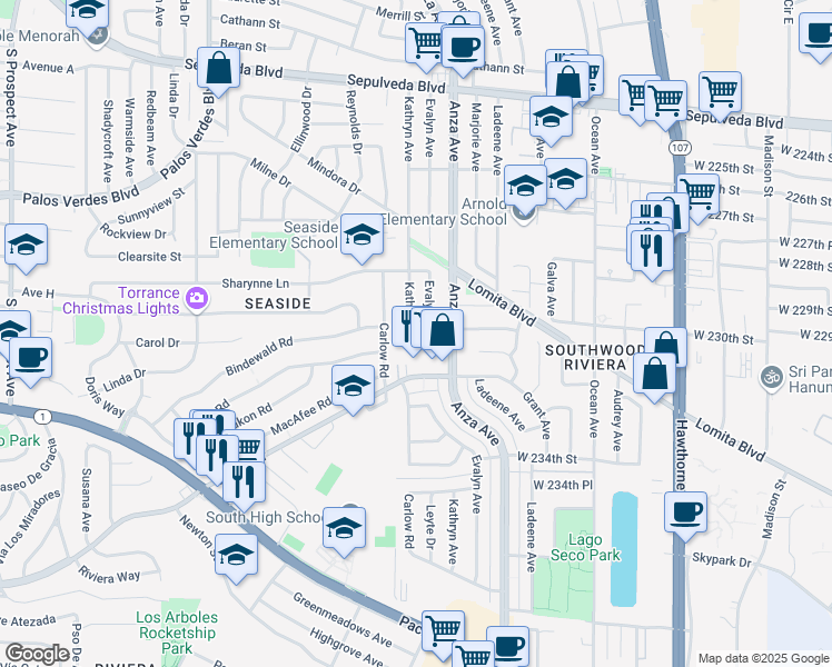 map of restaurants, bars, coffee shops, grocery stores, and more near 23026 Kathryn Avenue in Torrance