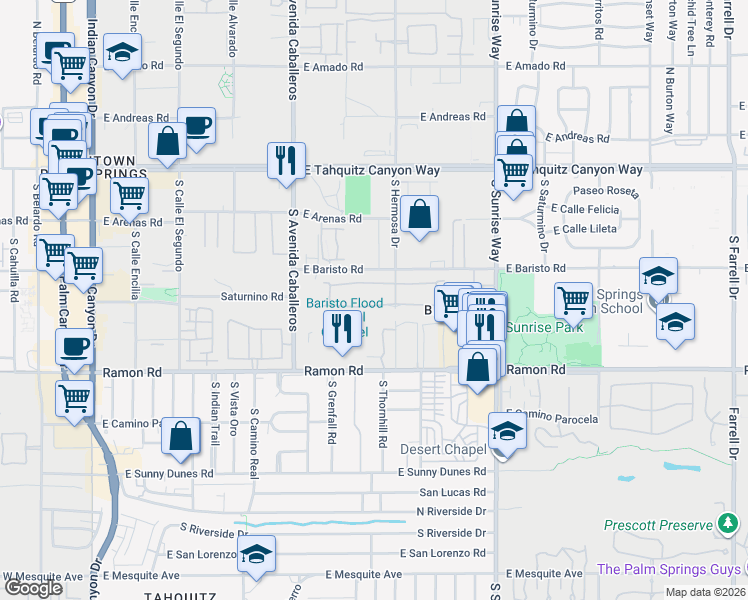 map of restaurants, bars, coffee shops, grocery stores, and more near 1253 Tiffany Circle North in Palm Springs