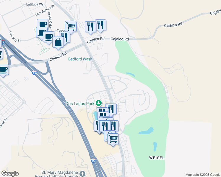 map of restaurants, bars, coffee shops, grocery stores, and more near 4156 Windspring Street in Corona