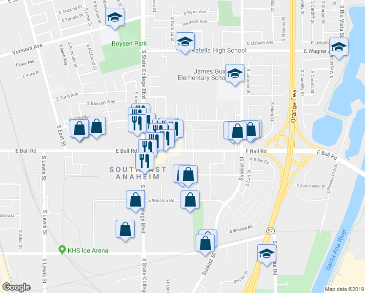 map of restaurants, bars, coffee shops, grocery stores, and more near 2126 East Almont Avenue in Anaheim