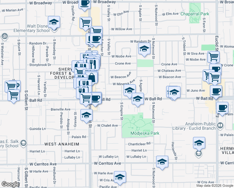 map of restaurants, bars, coffee shops, grocery stores, and more near 2121 West Juno Avenue in Anaheim
