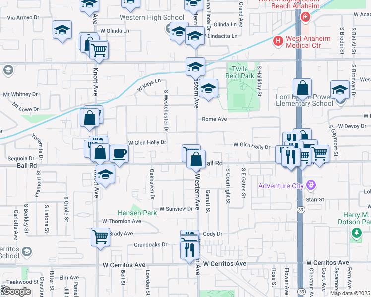 map of restaurants, bars, coffee shops, grocery stores, and more near 3237 Donovan Ranch Road in Anaheim