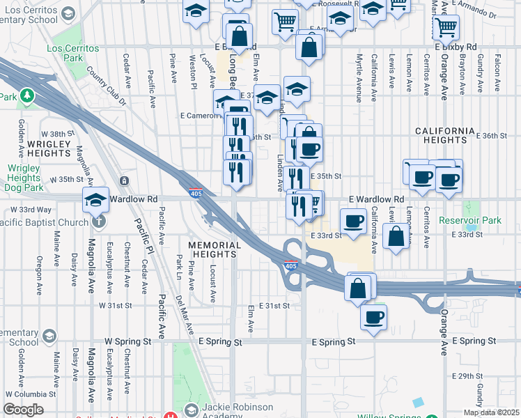 map of restaurants, bars, coffee shops, grocery stores, and more near 3394 Elm Avenue in Long Beach