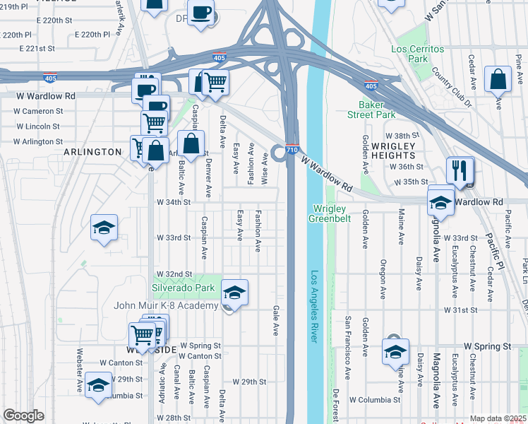 map of restaurants, bars, coffee shops, grocery stores, and more near 1293 West 34th Street in Long Beach