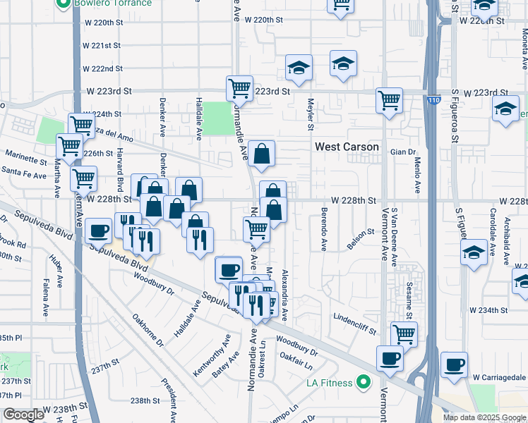 map of restaurants, bars, coffee shops, grocery stores, and more near 1239 West 228th Street in Torrance