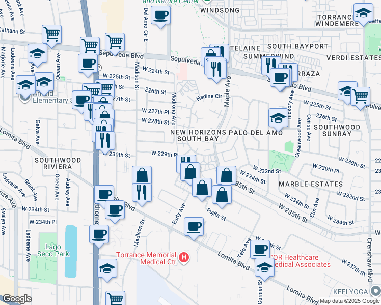 map of restaurants, bars, coffee shops, grocery stores, and more near 503 Nadine Circle in Torrance