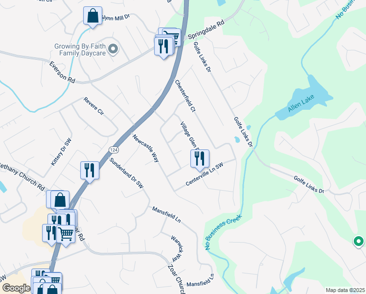 map of restaurants, bars, coffee shops, grocery stores, and more near 3227 Village Glen Drive Southwest in Snellville