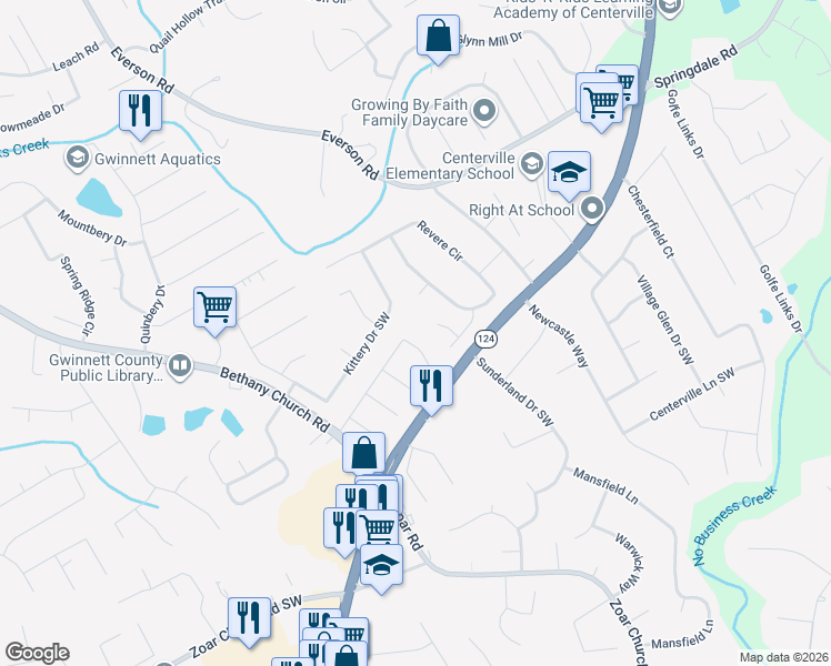 map of restaurants, bars, coffee shops, grocery stores, and more near 3570 Militia Court in Snellville