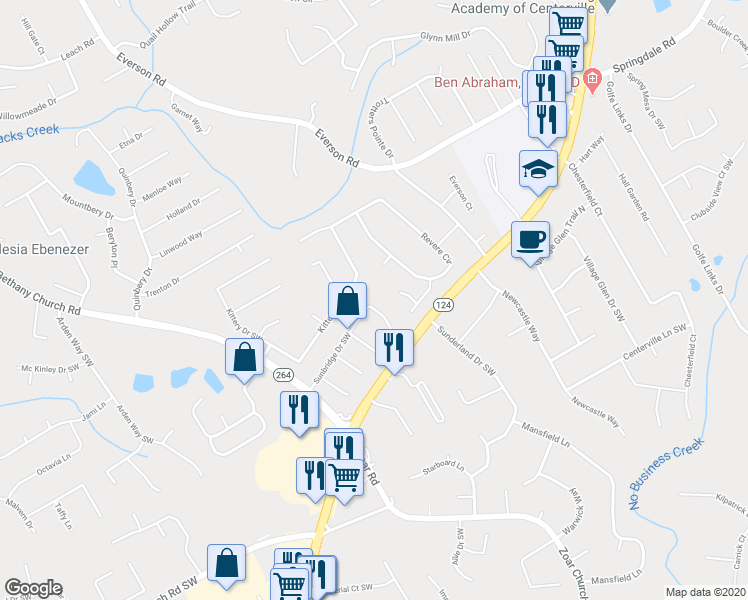 map of restaurants, bars, coffee shops, grocery stores, and more near 3701 Sunbridge Drive Southwest in Snellville