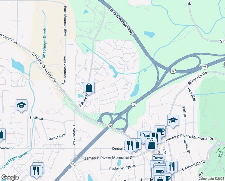 map of restaurants, bars, coffee shops, grocery stores, and more near 5289 Hayden Place in Stone Mountain
