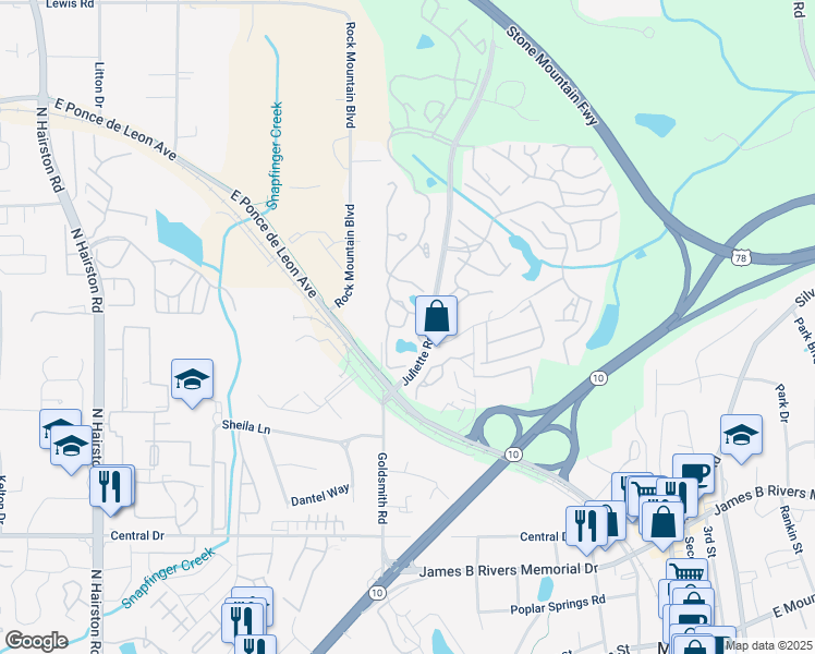 map of restaurants, bars, coffee shops, grocery stores, and more near 1349 Wood Bend Drive in Stone Mountain