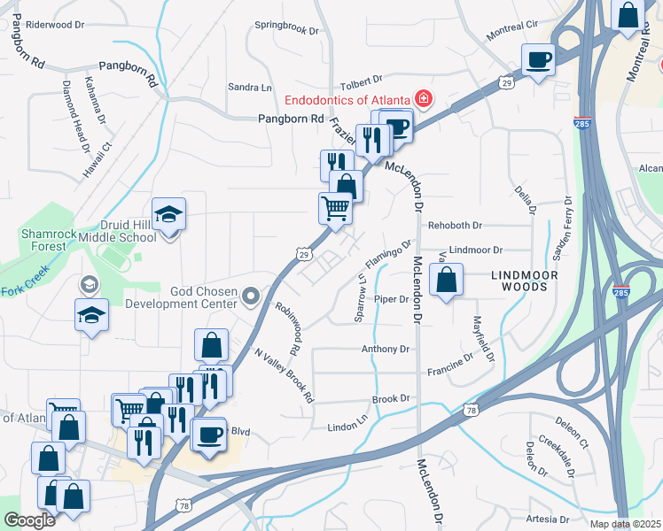 map of restaurants, bars, coffee shops, grocery stores, and more near 3096 Turman Circle in Decatur