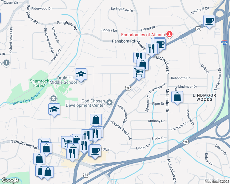 map of restaurants, bars, coffee shops, grocery stores, and more near 1323 Atterberry Place in Decatur