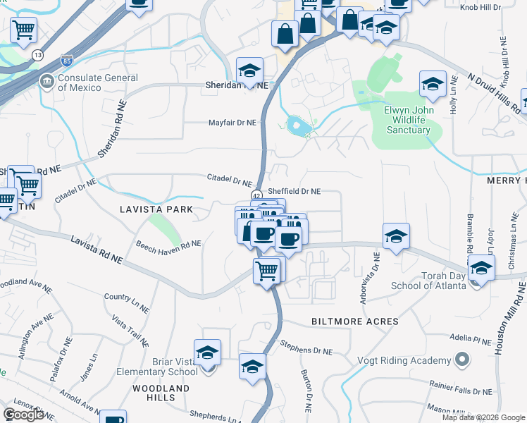 map of restaurants, bars, coffee shops, grocery stores, and more near 1341 Sheffield Drive Northeast in Atlanta