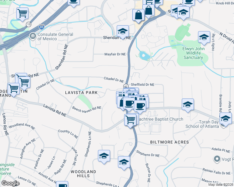 map of restaurants, bars, coffee shops, grocery stores, and more near 1310 Wildcliff Parkway Northeast in Atlanta