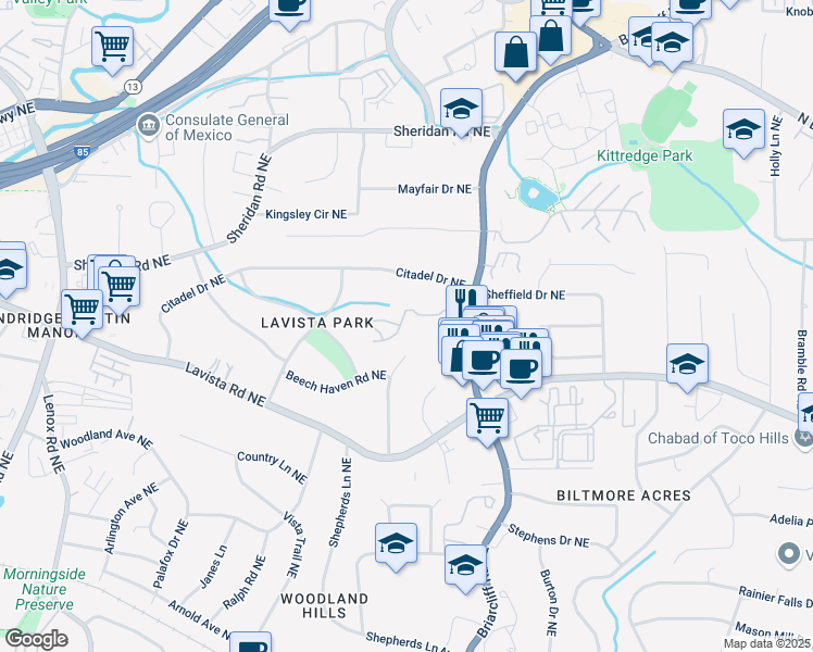 map of restaurants, bars, coffee shops, grocery stores, and more near 1255 Wildcliff Parkway Northeast in Atlanta