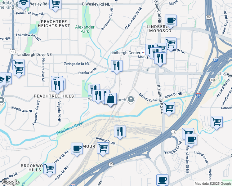 map of restaurants, bars, coffee shops, grocery stores, and more near 425 Peachtree Hills Avenue Northeast in Atlanta