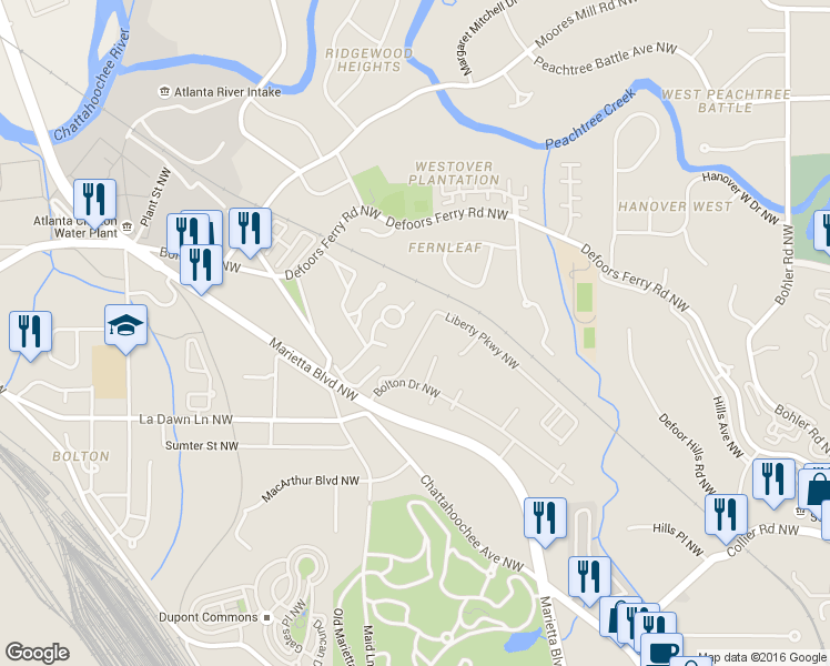map of restaurants, bars, coffee shops, grocery stores, and more near 1137 Liberty Parkway Northwest in Atlanta