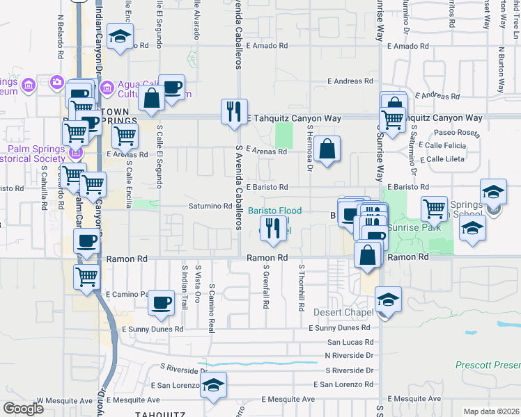 map of restaurants, bars, coffee shops, grocery stores, and more near 341 Tiffany Circle West in Palm Springs