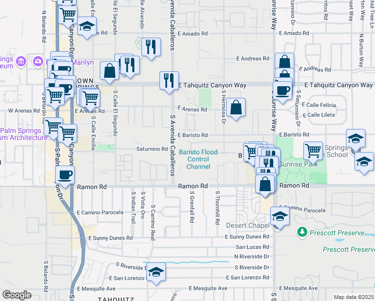 map of restaurants, bars, coffee shops, grocery stores, and more near 341 Tiffany Circle West in Palm Springs