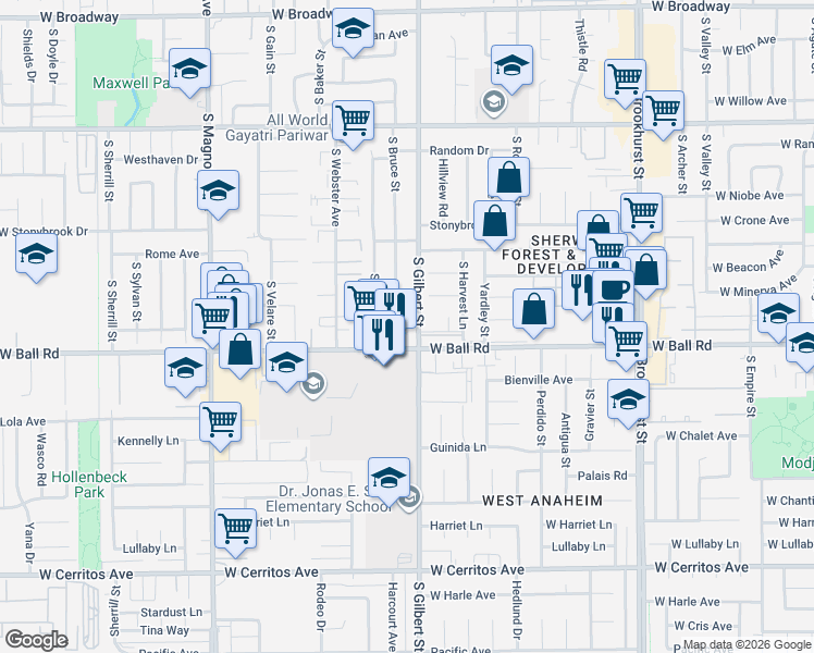 map of restaurants, bars, coffee shops, grocery stores, and more near 935 South Gilbert Street in Anaheim